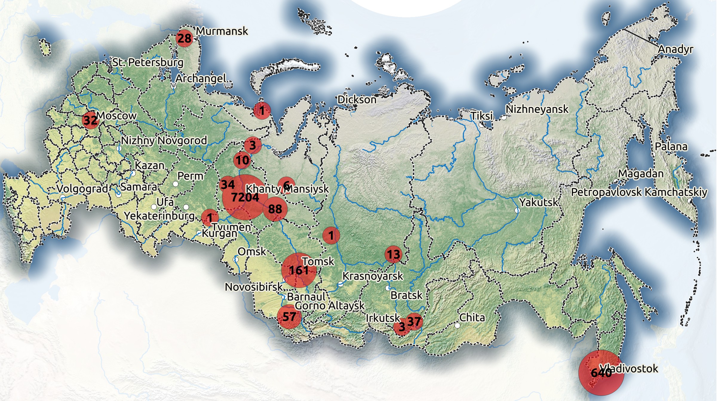 Geographical coverage of the Fungarium collection of Yugra State University.